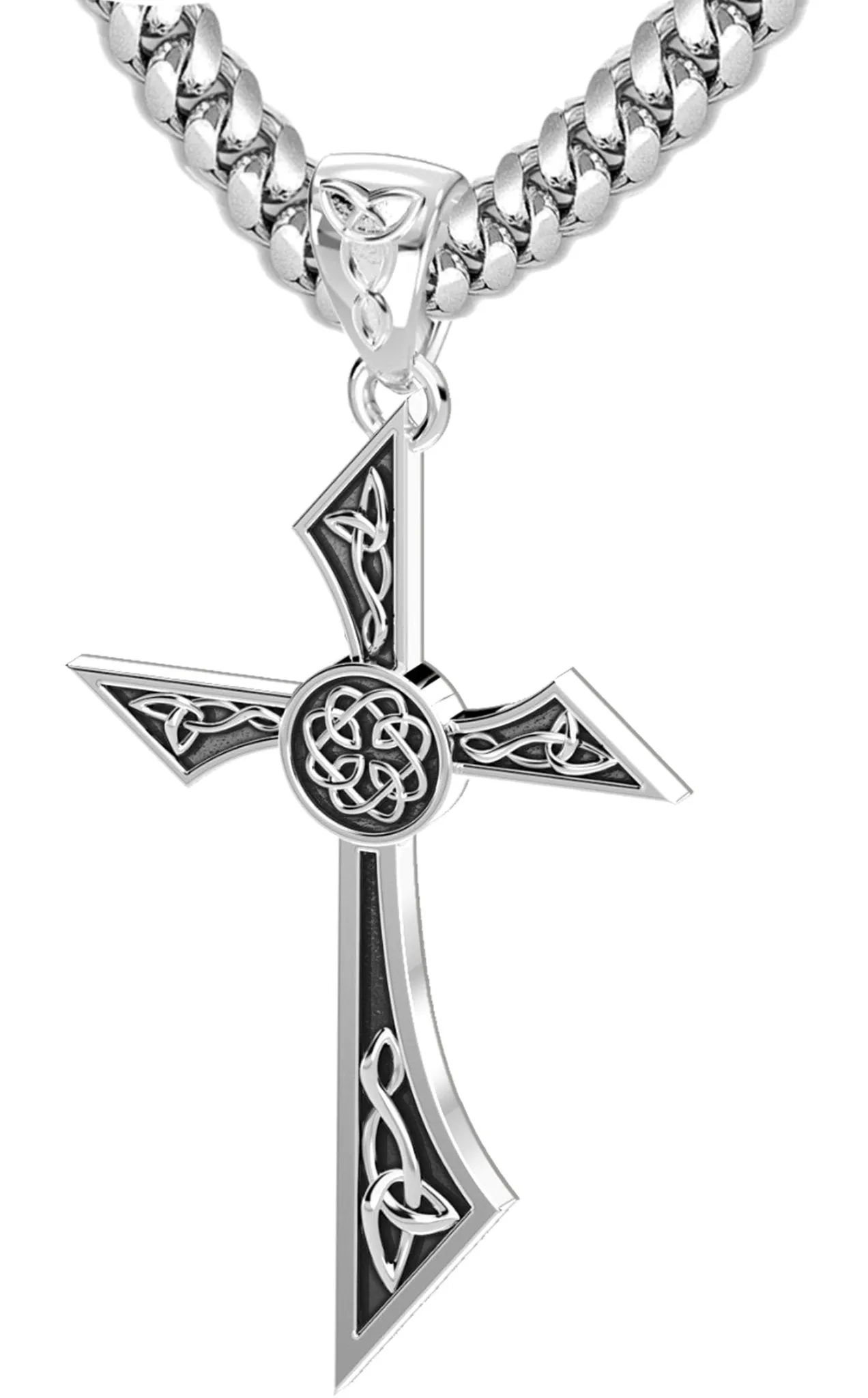 Men's Solid 925 Sterling Silver Modern Style Celtic Cross Pendant Necklace, 35mm