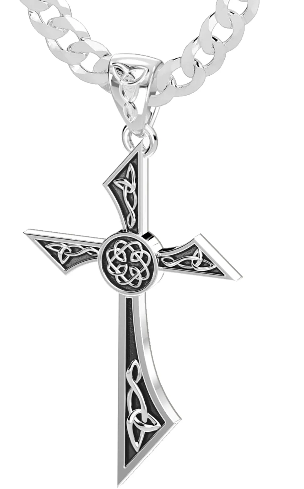 Men's Solid 925 Sterling Silver Modern Style Celtic Cross Pendant Necklace, 35mm