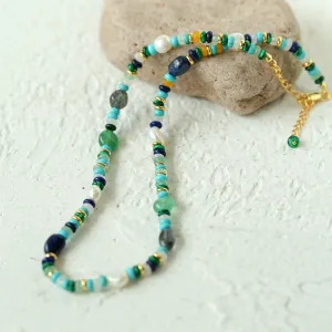 Multiple Irregular Colored Agate Natural Stone Necklace-Blue