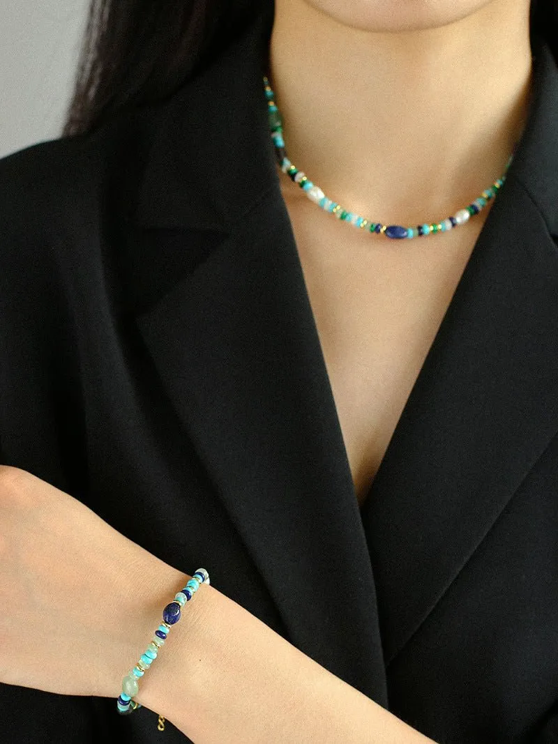 Multiple Irregular Colored Agate Natural Stone Necklace-Blue