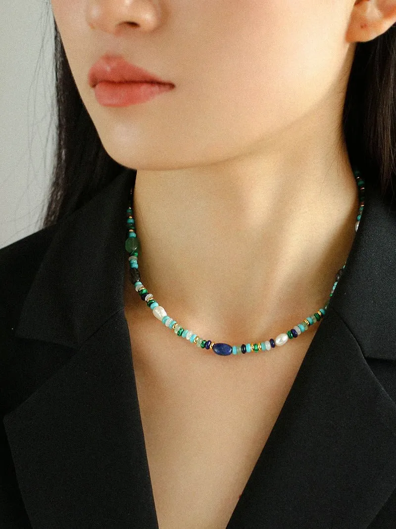 Multiple Irregular Colored Agate Natural Stone Necklace-Blue