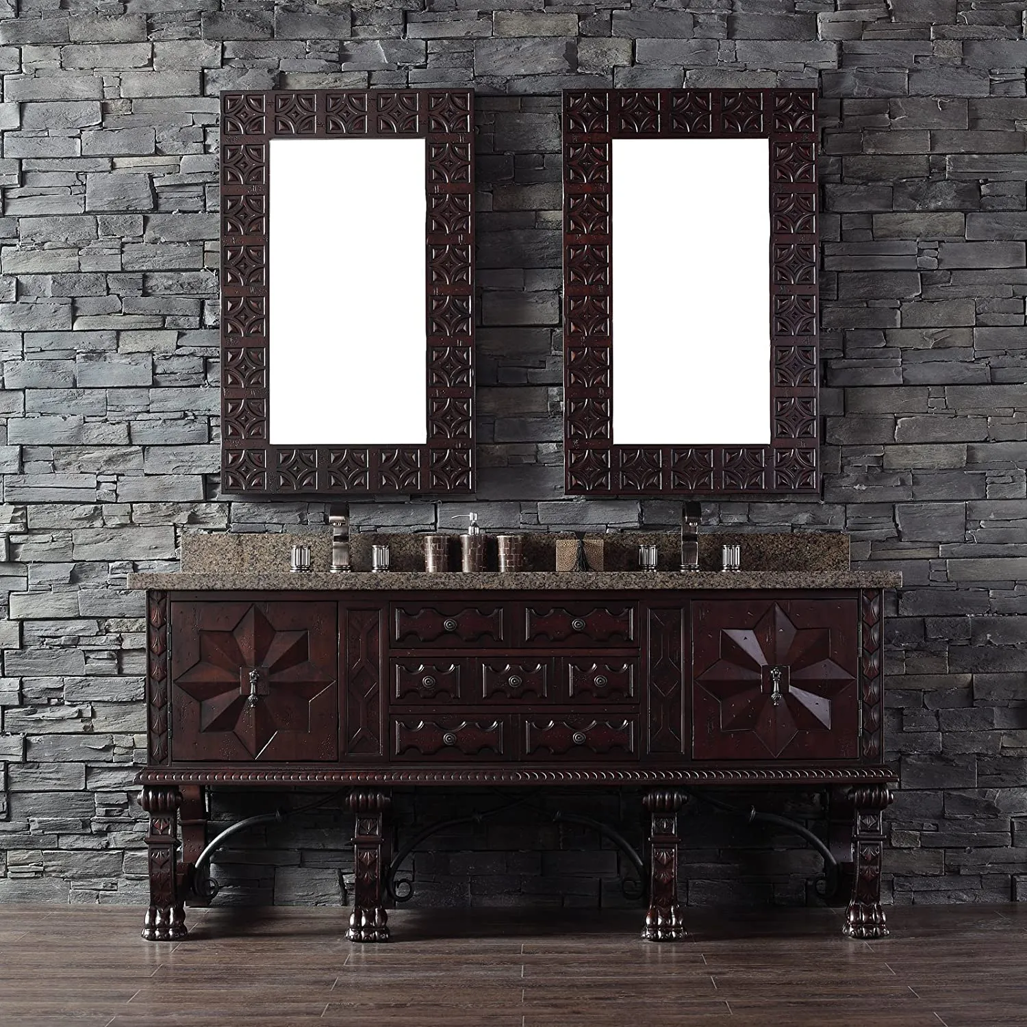 New Stunning Large 42" H X 26" W James Martin Hand Carved Oak & Birch Framed Mirror in Antique Walnut! Retails $1,000 , Winner can purchase 2nd one at winning bid!