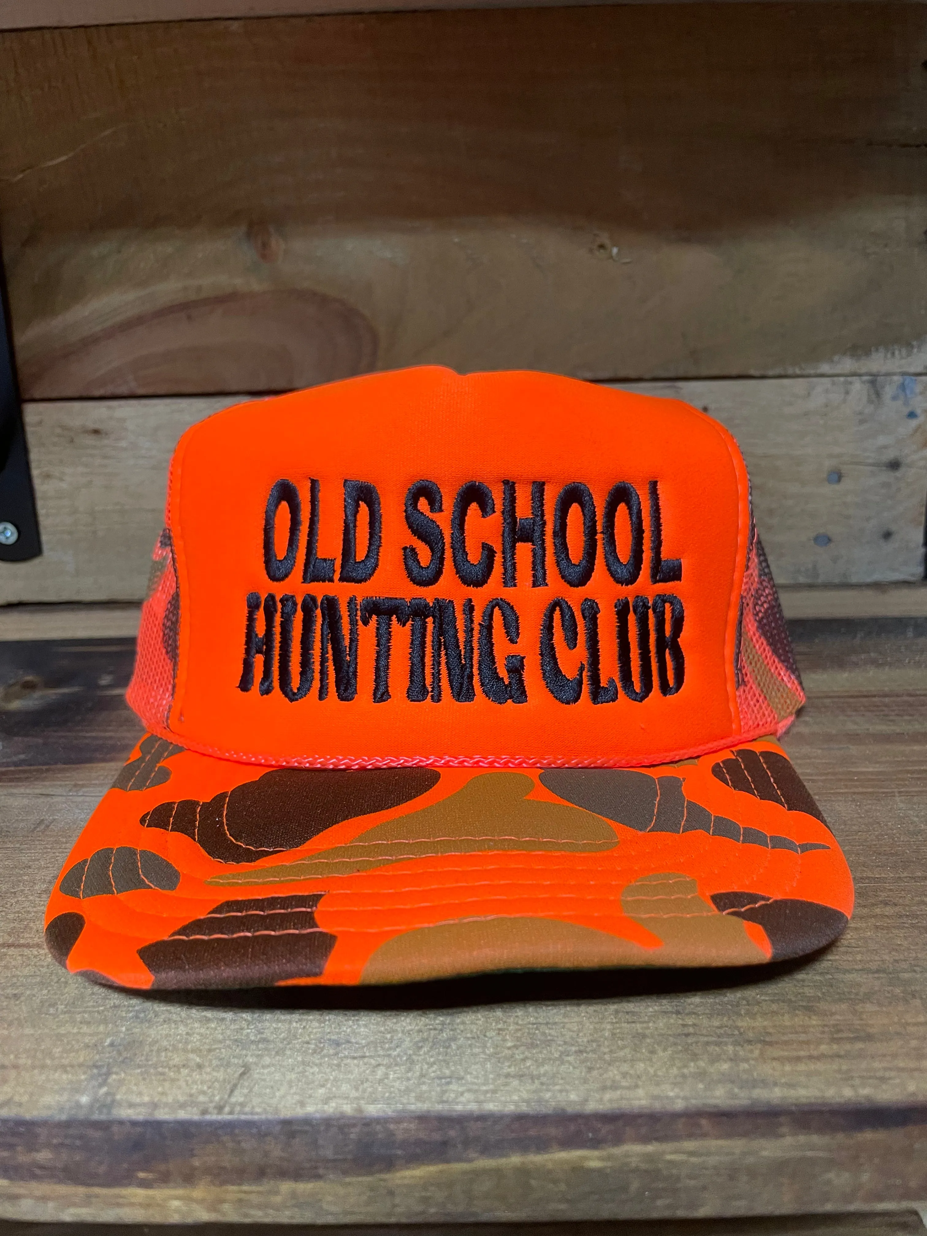 Old School Hunting Club Orange Camo Mesh SnapBack Hat Cap Custom Embroidery