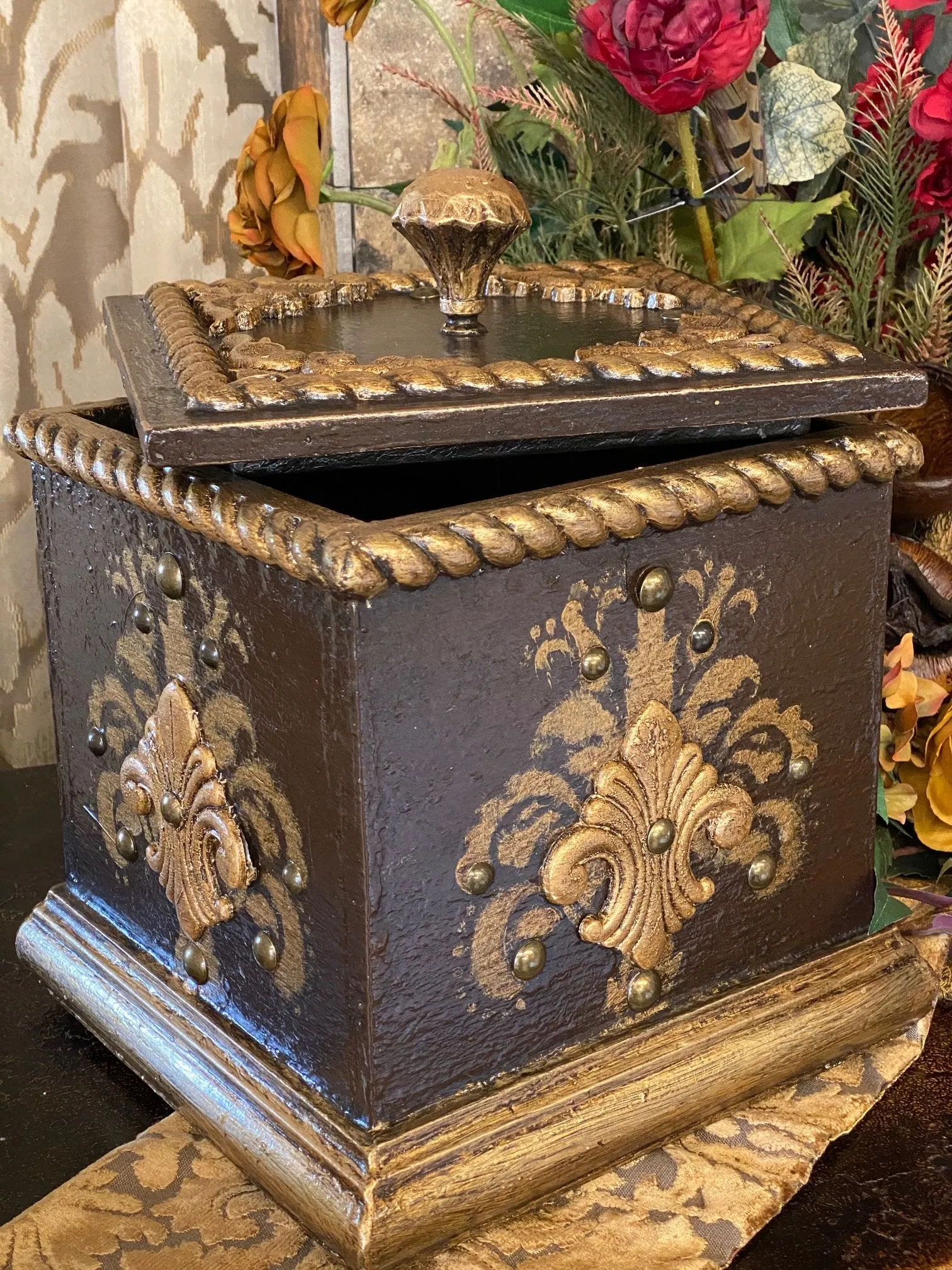 Old World Style Decorative Box with Lid in Chocolate and Antique Gold Finish