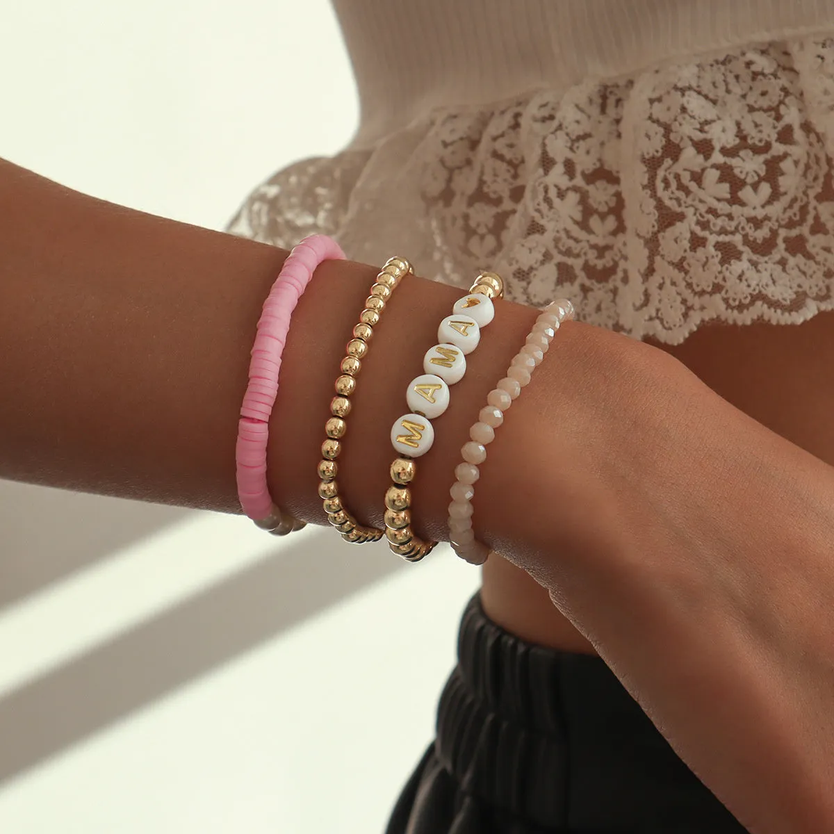 Pink Polymer Clay & Acrylic 18K Gold-Plated 'Mama' Beaded Stretch Bracelet Set