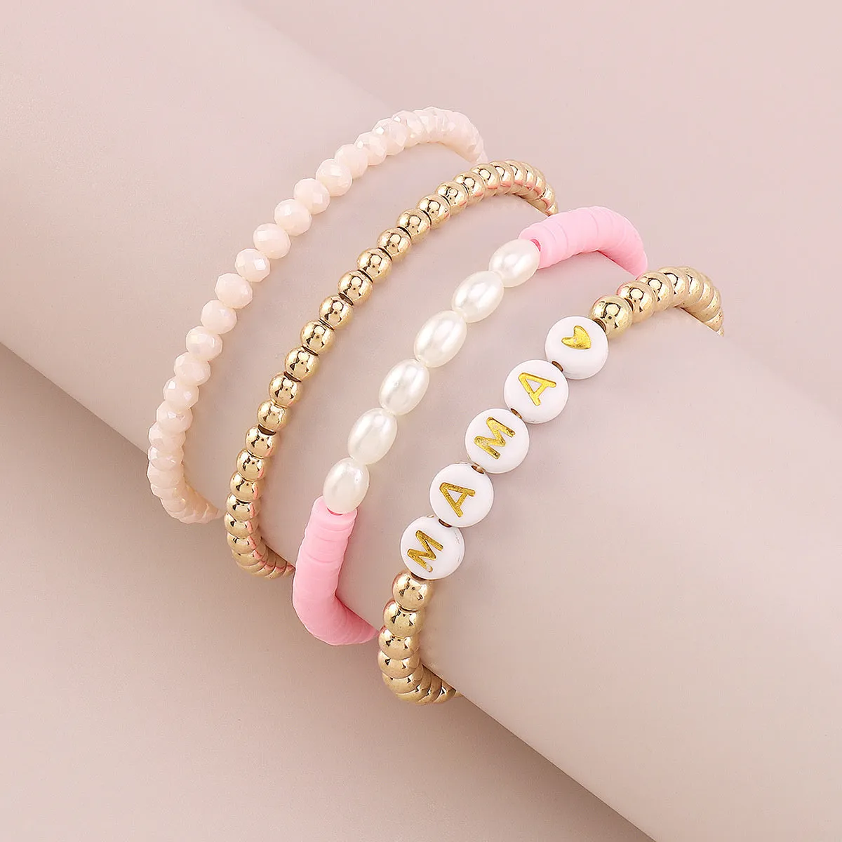 Pink Polymer Clay & Acrylic 18K Gold-Plated 'Mama' Beaded Stretch Bracelet Set