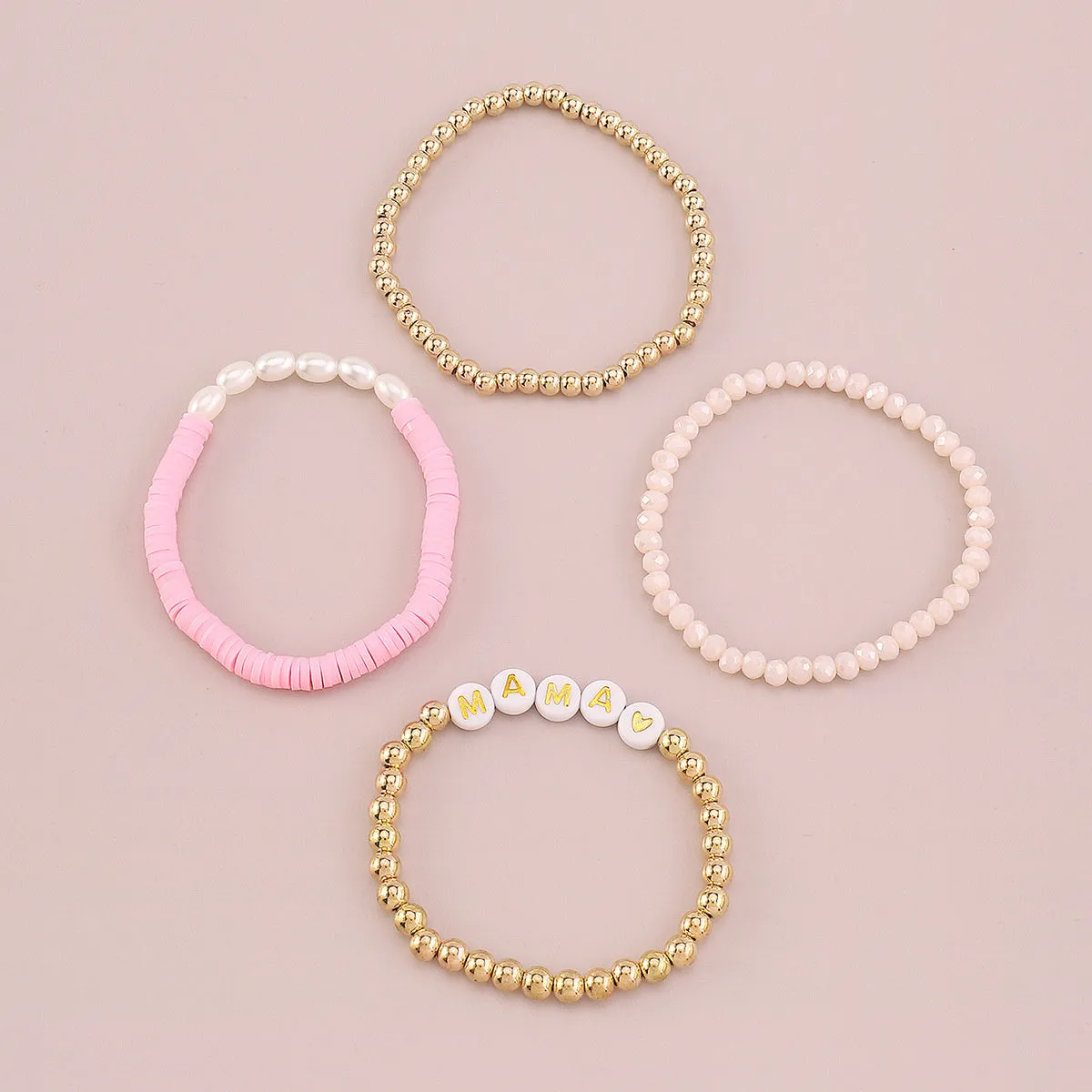 Pink Polymer Clay & Acrylic 18K Gold-Plated 'Mama' Beaded Stretch Bracelet Set
