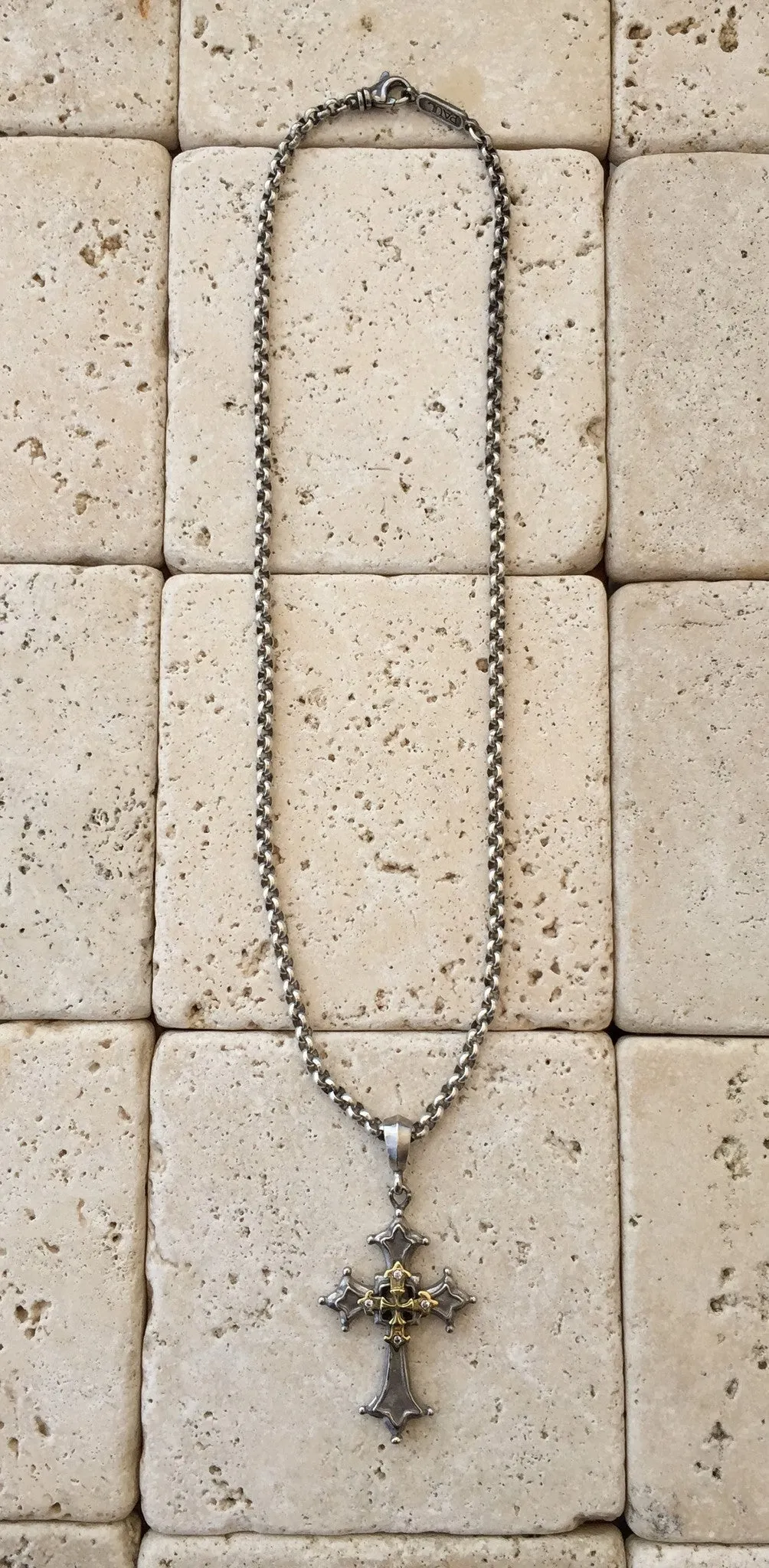 Platinum Over Silver & 18k Gold Gothic Cross