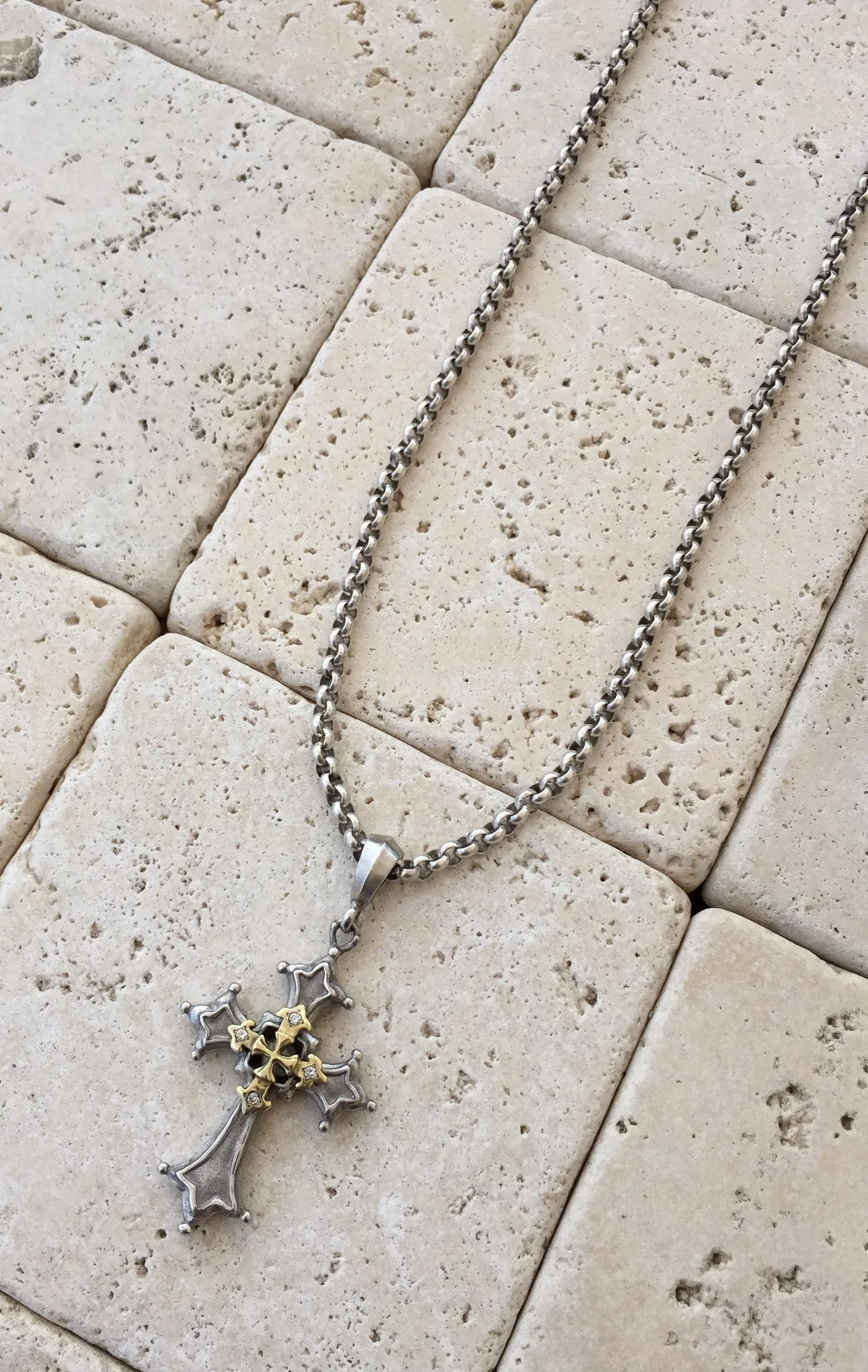Platinum Over Silver & 18k Gold Gothic Cross