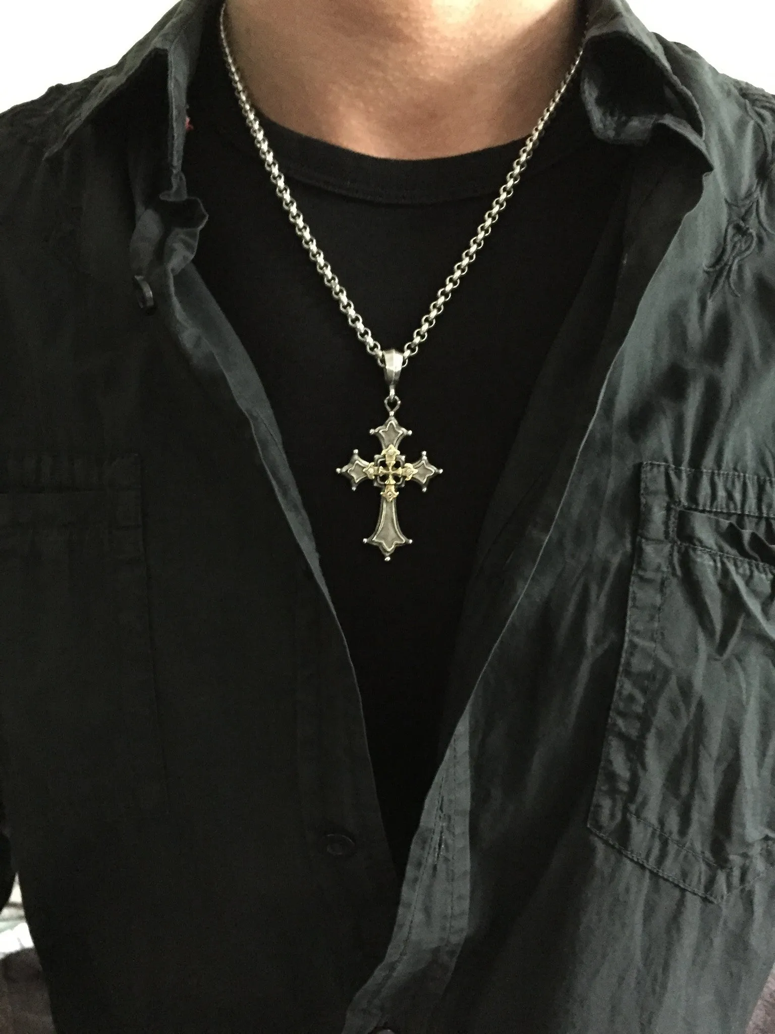 Platinum Over Silver & 18k Gold Gothic Cross