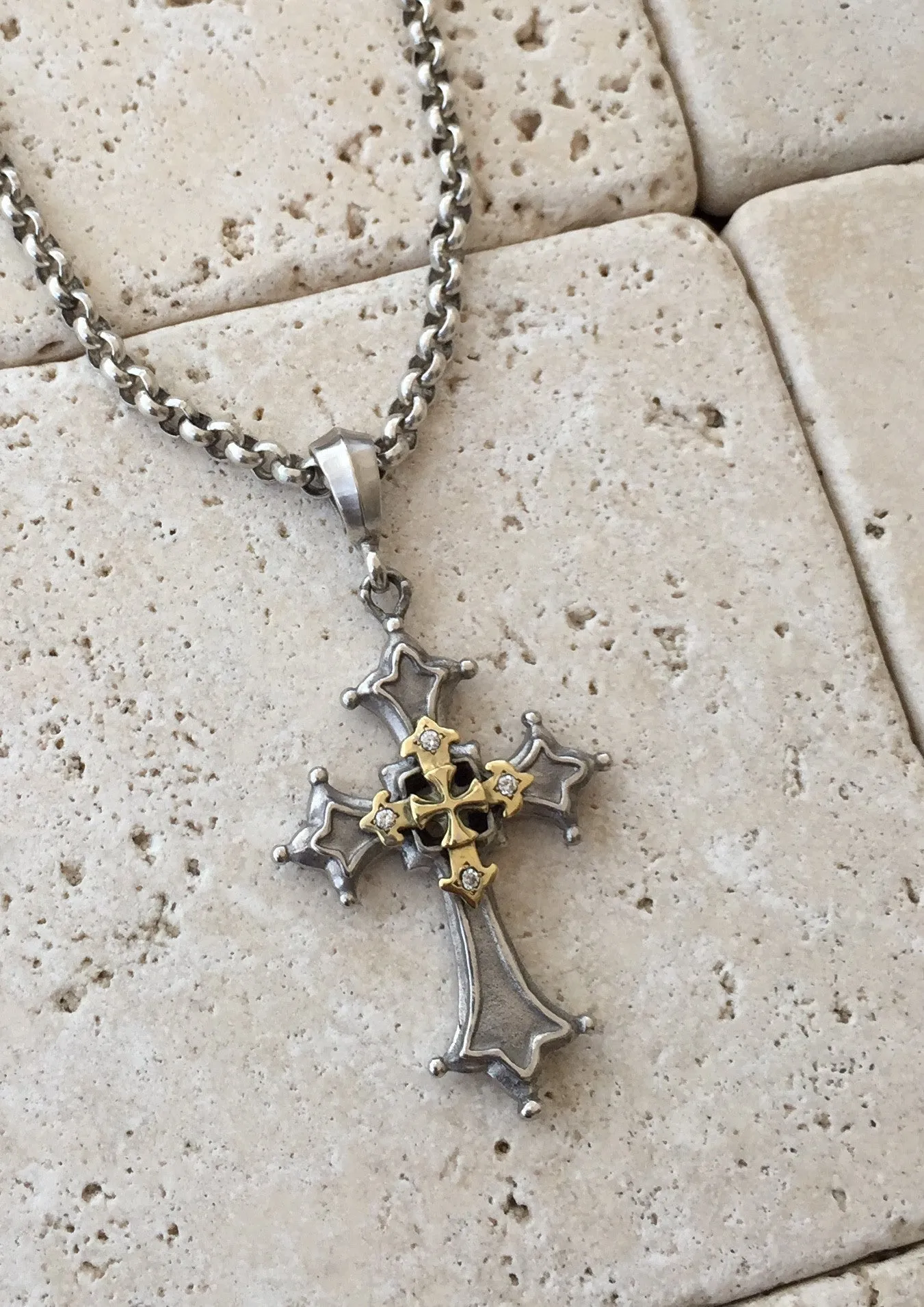 Platinum Over Silver & 18k Gold Gothic Cross