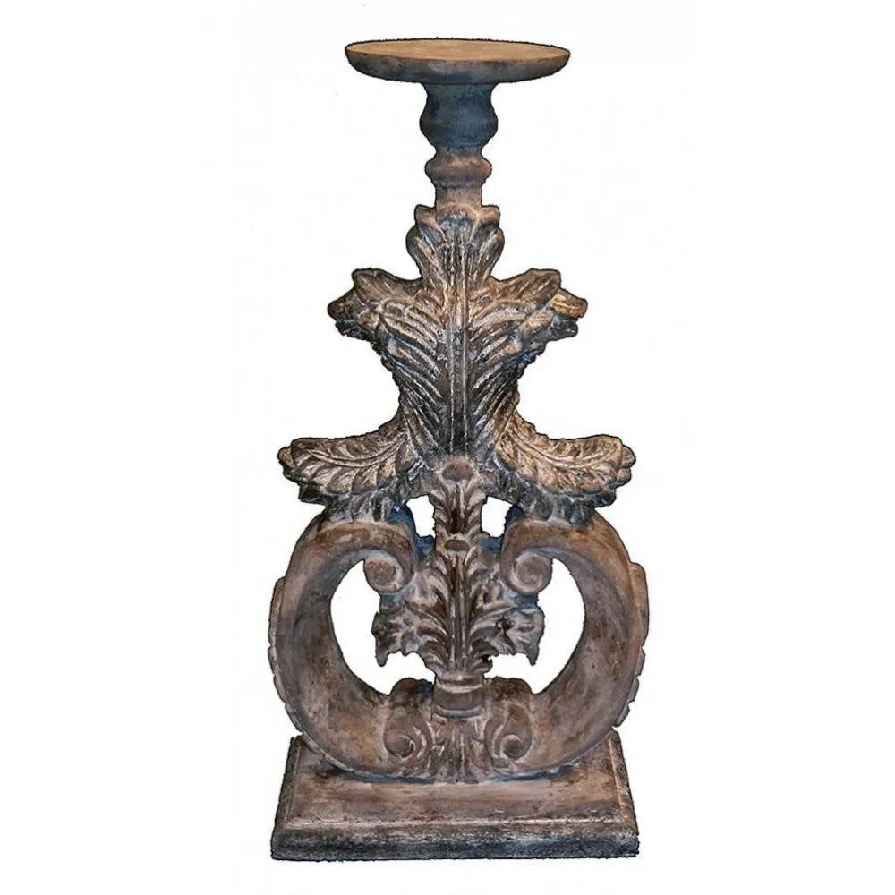 Provence Home Distressed White & Silver Accents Antiqued Carved Wood Candle Holder