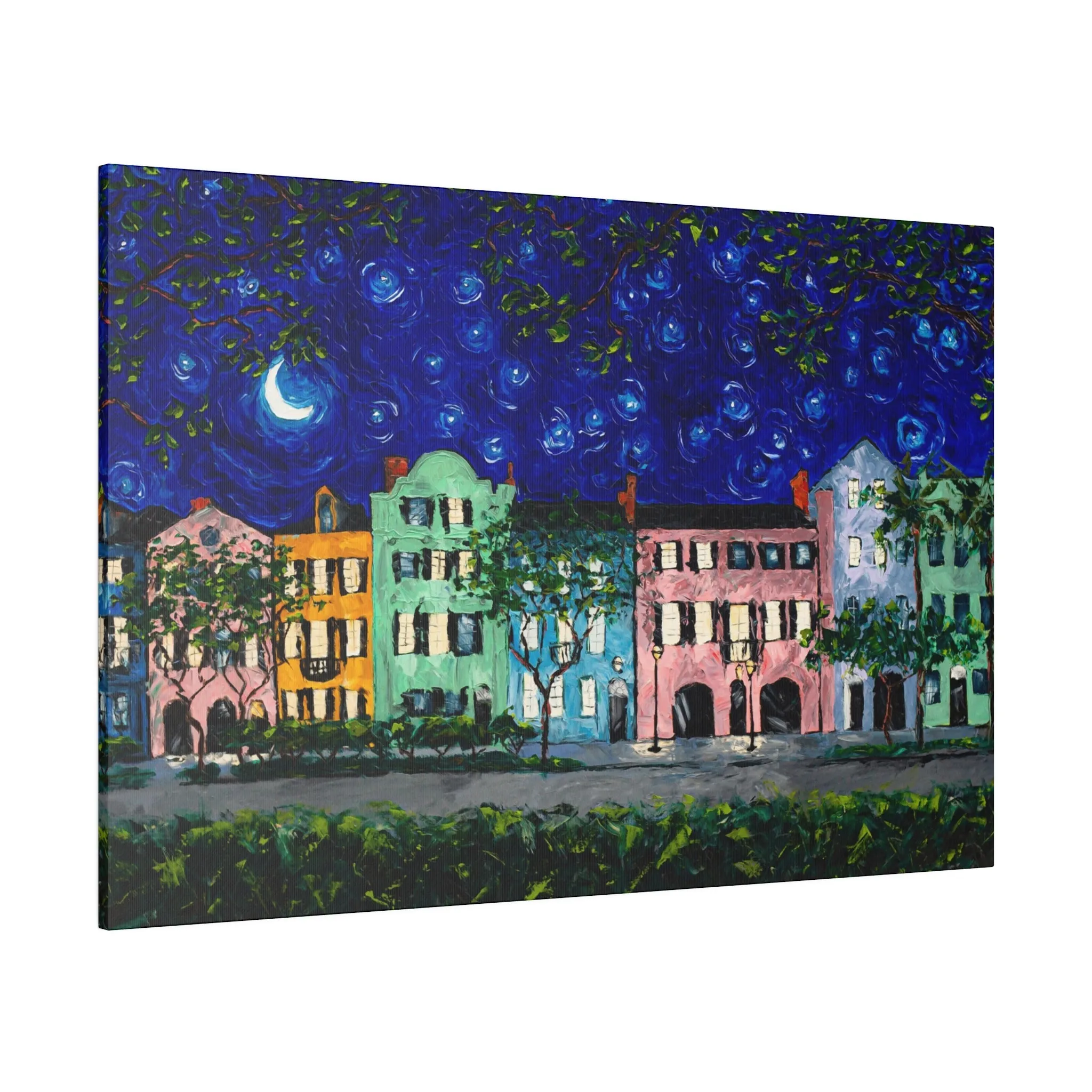 Rainbow Row at Night - Print on Canvas