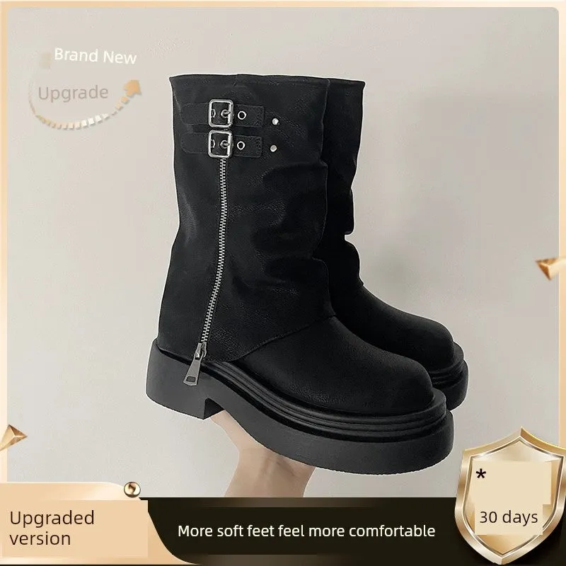 Retro Platform Women's Spring and Autumn Slimming Brown Martin Boots