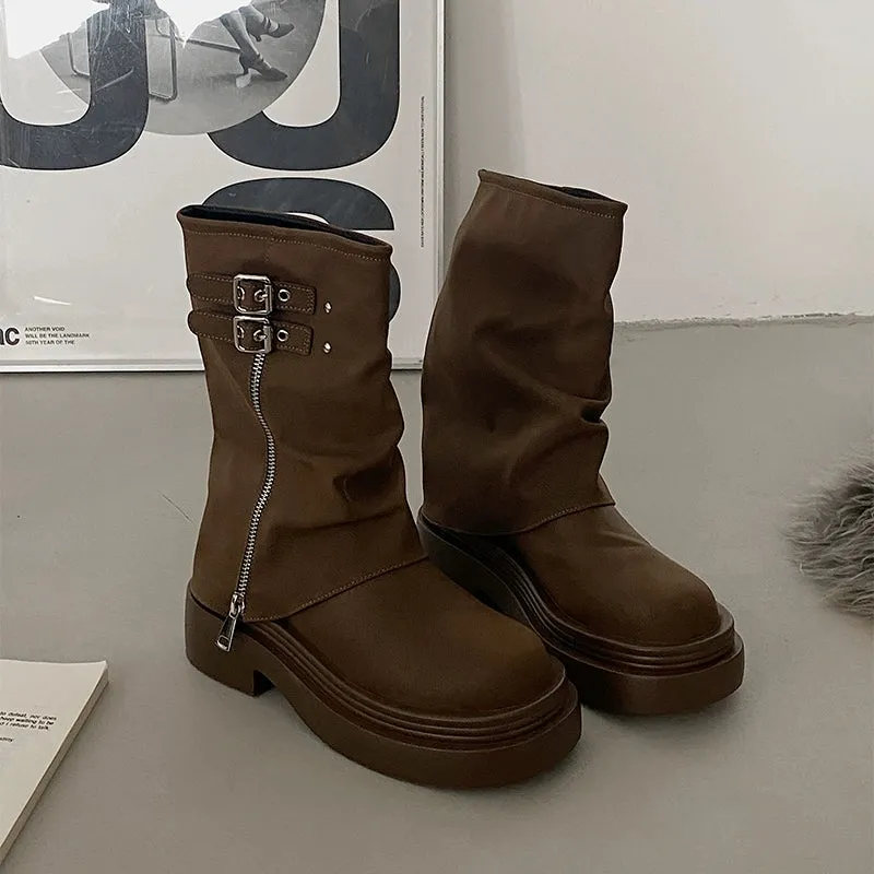 Retro Platform Women's Spring and Autumn Slimming Brown Martin Boots