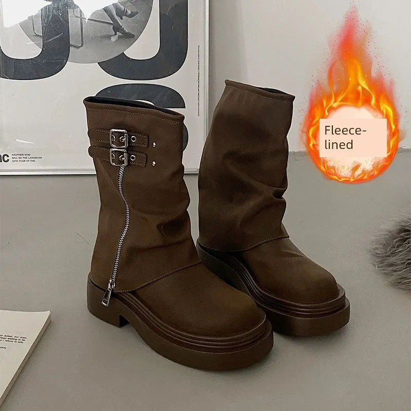Retro Platform Women's Spring and Autumn Slimming Brown Martin Boots