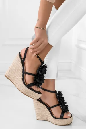 Sandali espadrilles neri in raso con fiore applicato