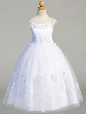 Satin & Glitter Tulle First Communion Dress with Embroidered Appliques - SP711