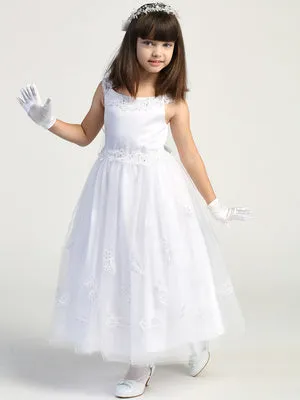 Satin & Glitter Tulle First Communion Dress with Embroidered Appliques - SP711