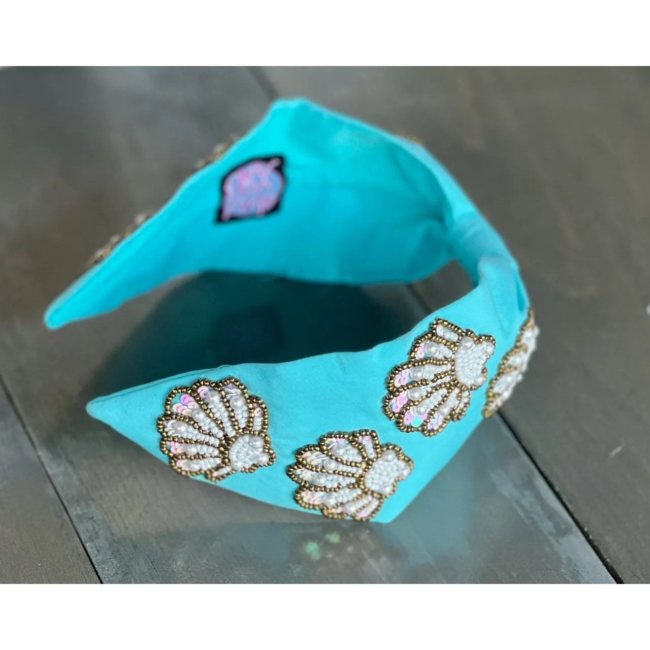 Seashell Seed Beaded Turquoise Top Knot Headband S