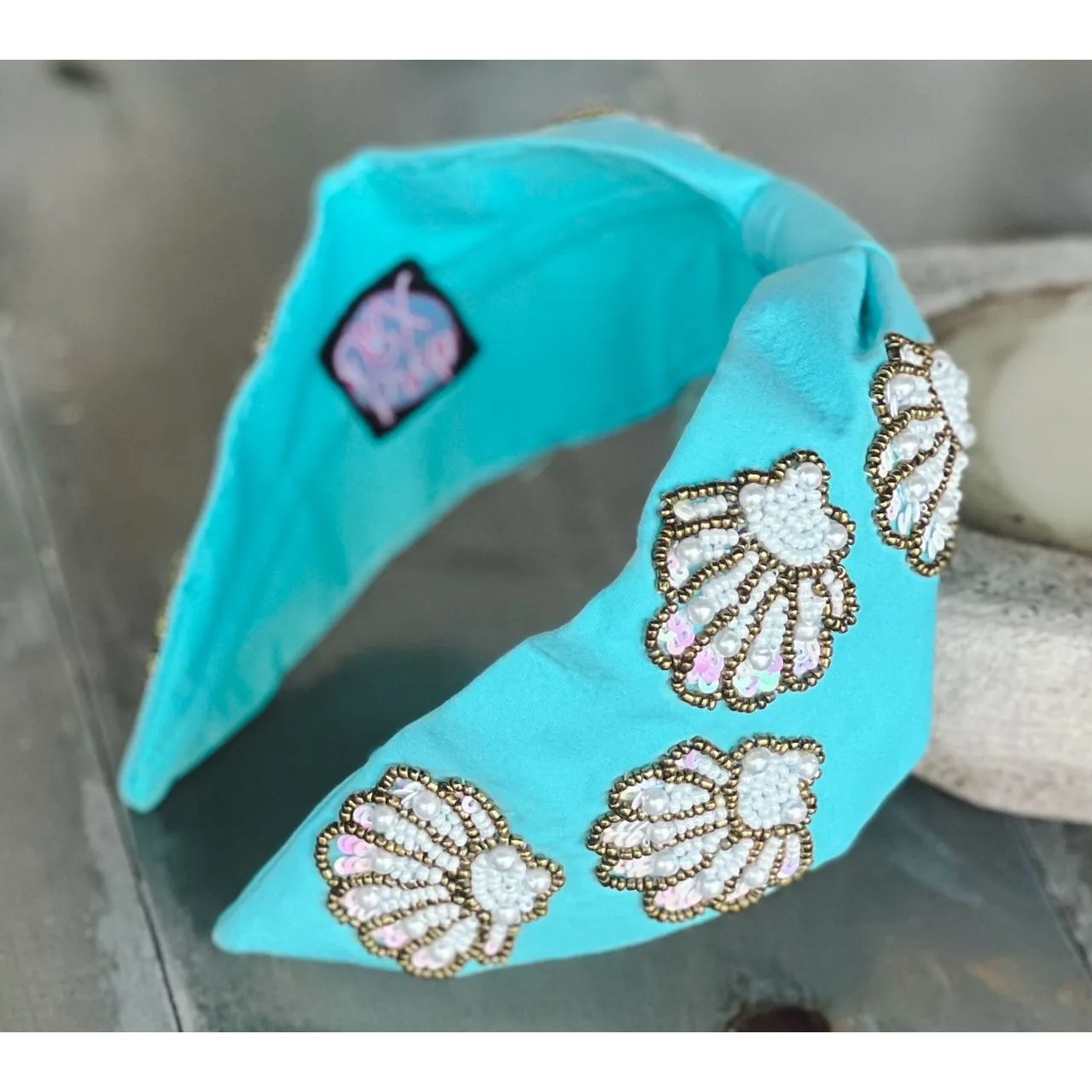 Seashell Seed Beaded Turquoise Top Knot Headband S
