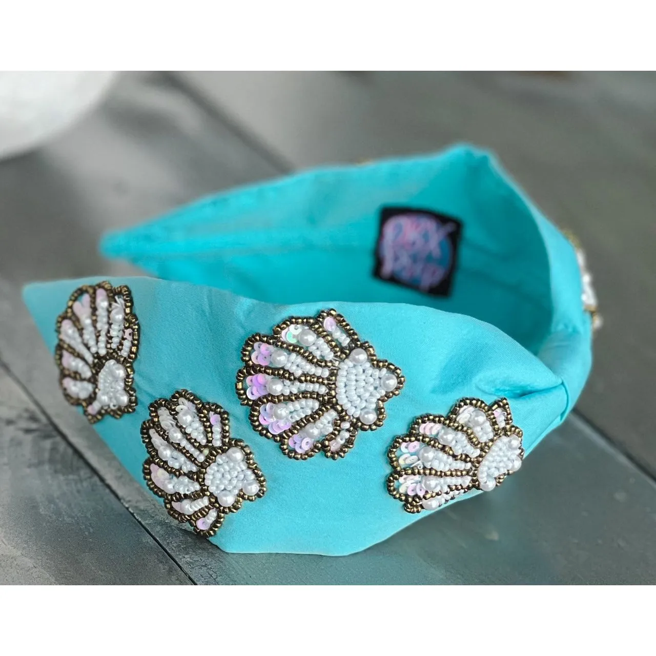 Seashell Seed Beaded Turquoise Top Knot Headband S