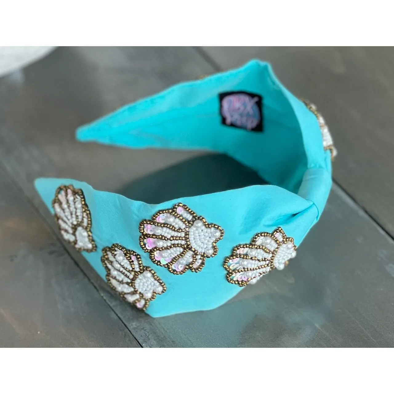 Seashell Seed Beaded Turquoise Top Knot Headband S