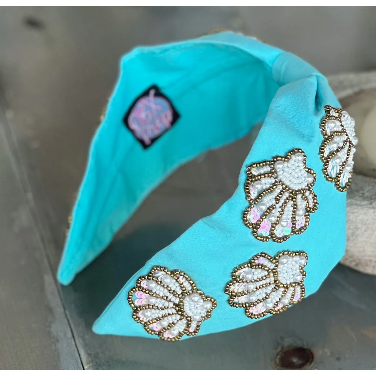 Seashell Seed Beaded Turquoise Top Knot Headband S