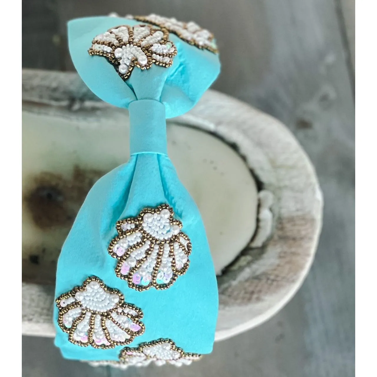 Seashell Seed Beaded Turquoise Top Knot Headband S