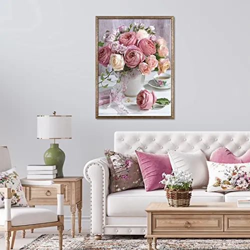 Shabby Pink & White Roses in Vase Diamond Painting Kit for Adults & Kids, 5D Full Drill Round
