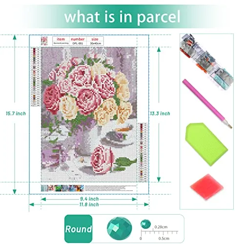Shabby Pink & White Roses in Vase Diamond Painting Kit for Adults & Kids, 5D Full Drill Round