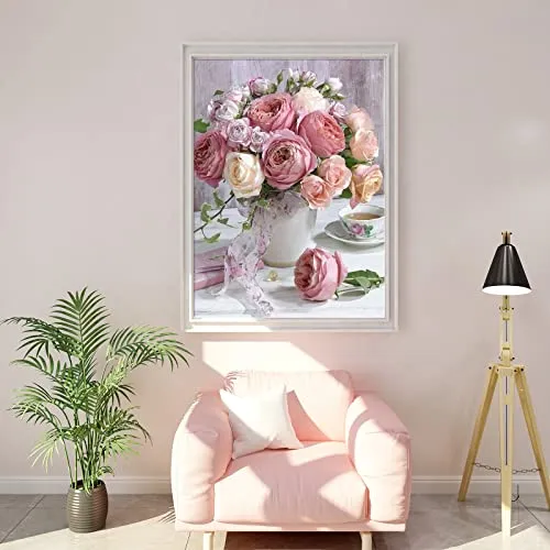 Shabby Pink & White Roses in Vase Diamond Painting Kit for Adults & Kids, 5D Full Drill Round