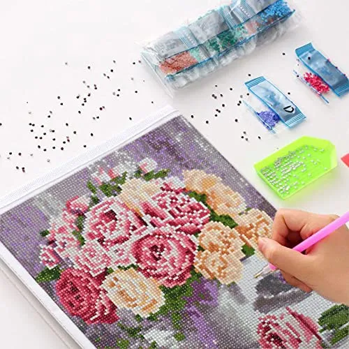 Shabby Pink & White Roses in Vase Diamond Painting Kit for Adults & Kids, 5D Full Drill Round
