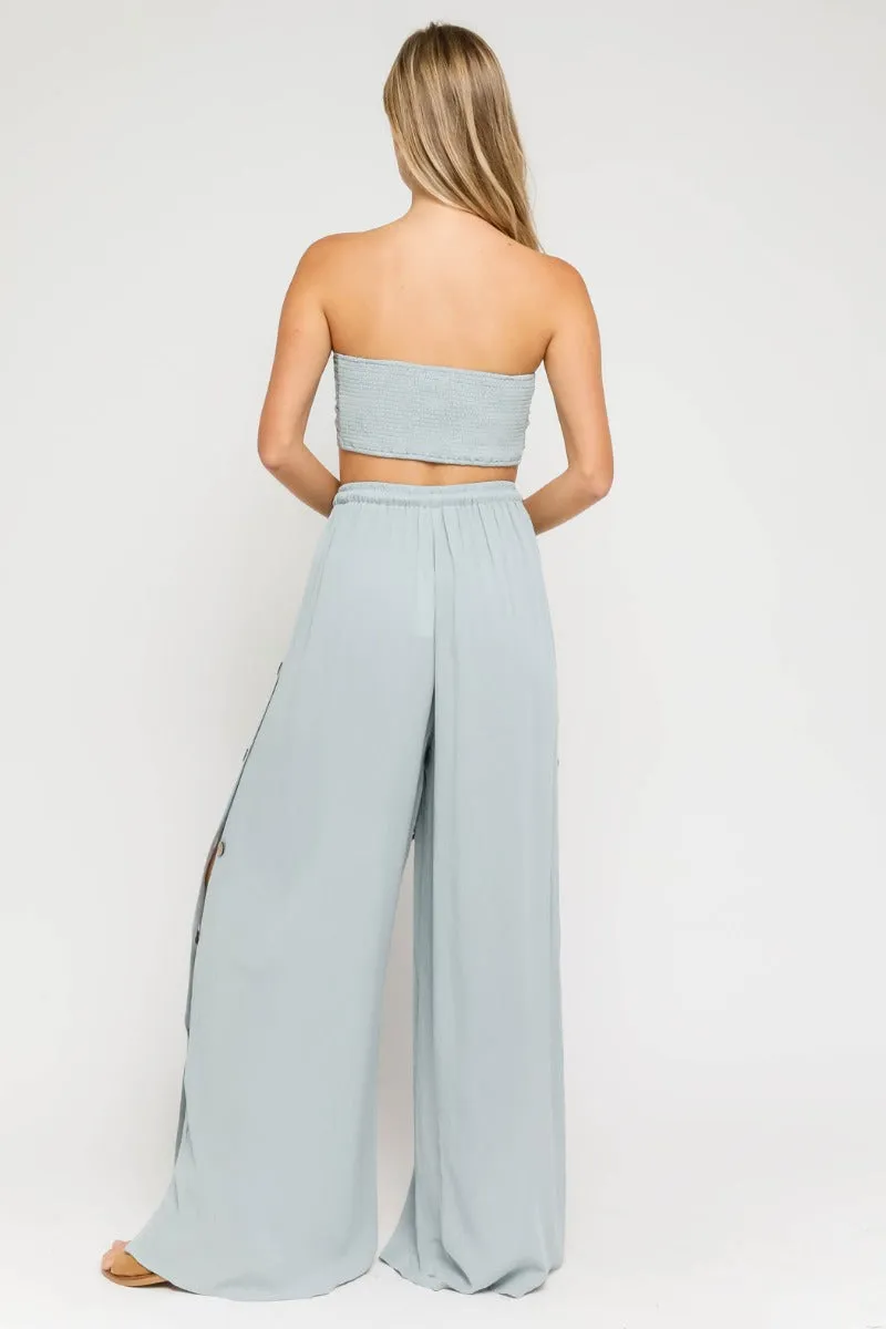 Side Button High Waisted Wide Leg Pants