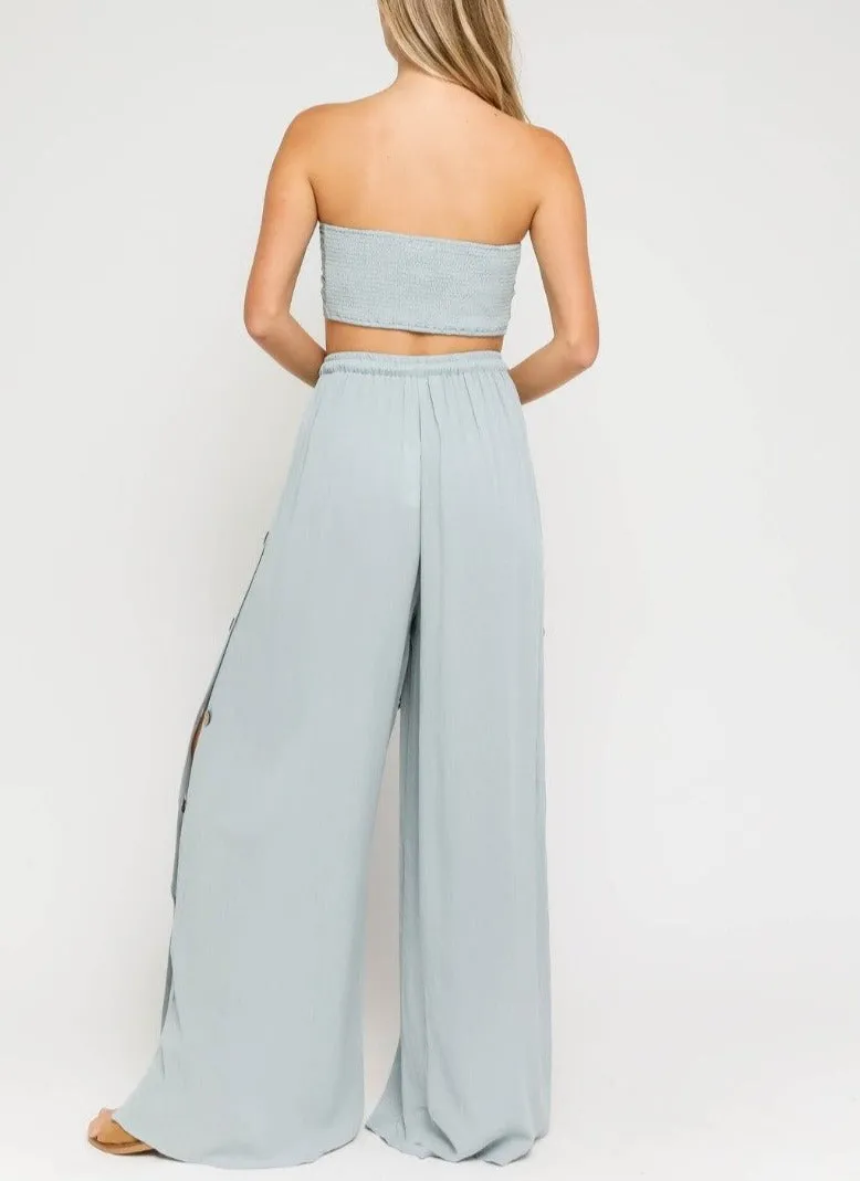 Side Button High Waisted Wide Leg Pants