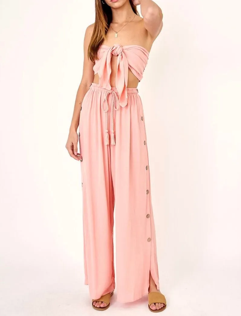Side Button High Waisted Wide Leg Pants