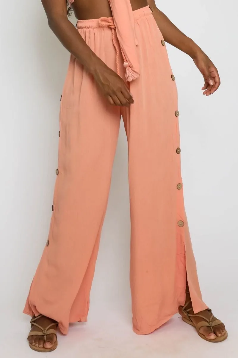 Side Button High Waisted Wide Leg Pants