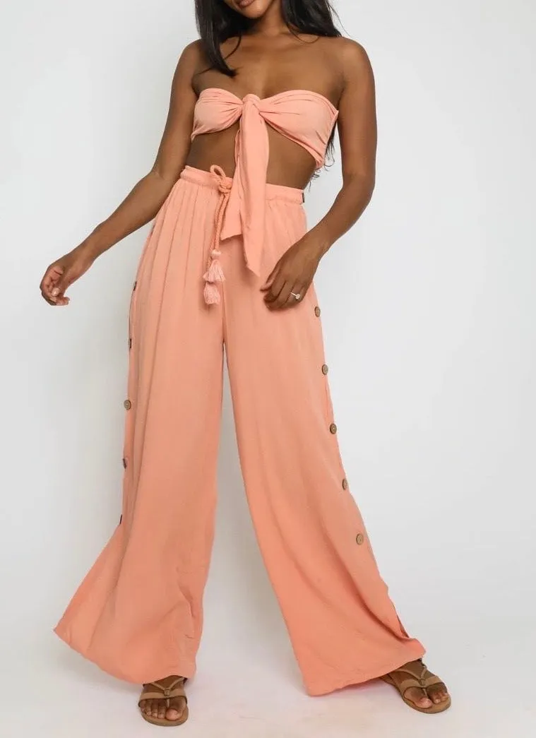 Side Button High Waisted Wide Leg Pants