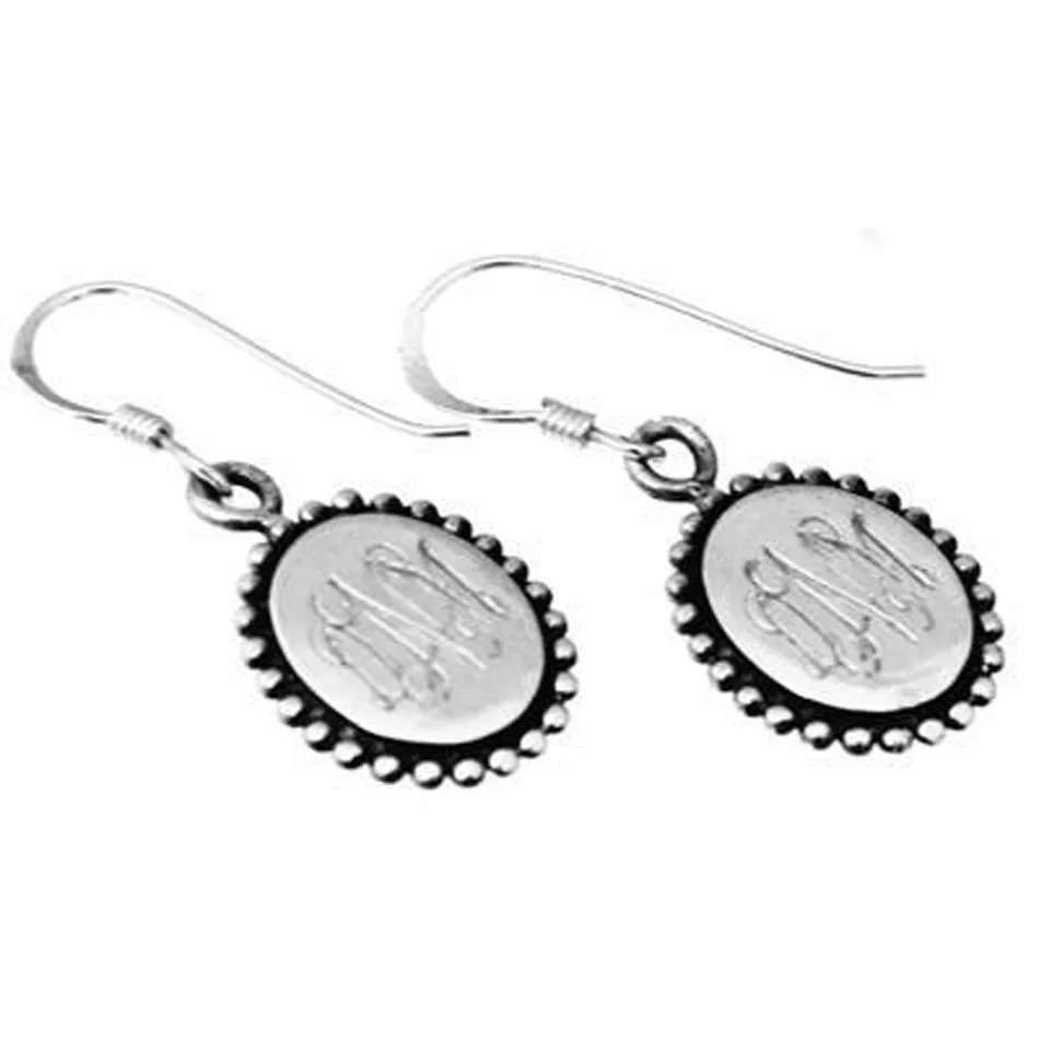 Sterling Silver Dangle Oval Beaded Monogram Earrings
