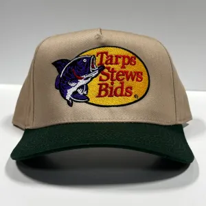 Tarps Stews Bids on a Tan crown Green Brim SnapBack Hat Cap Custom Embroidery