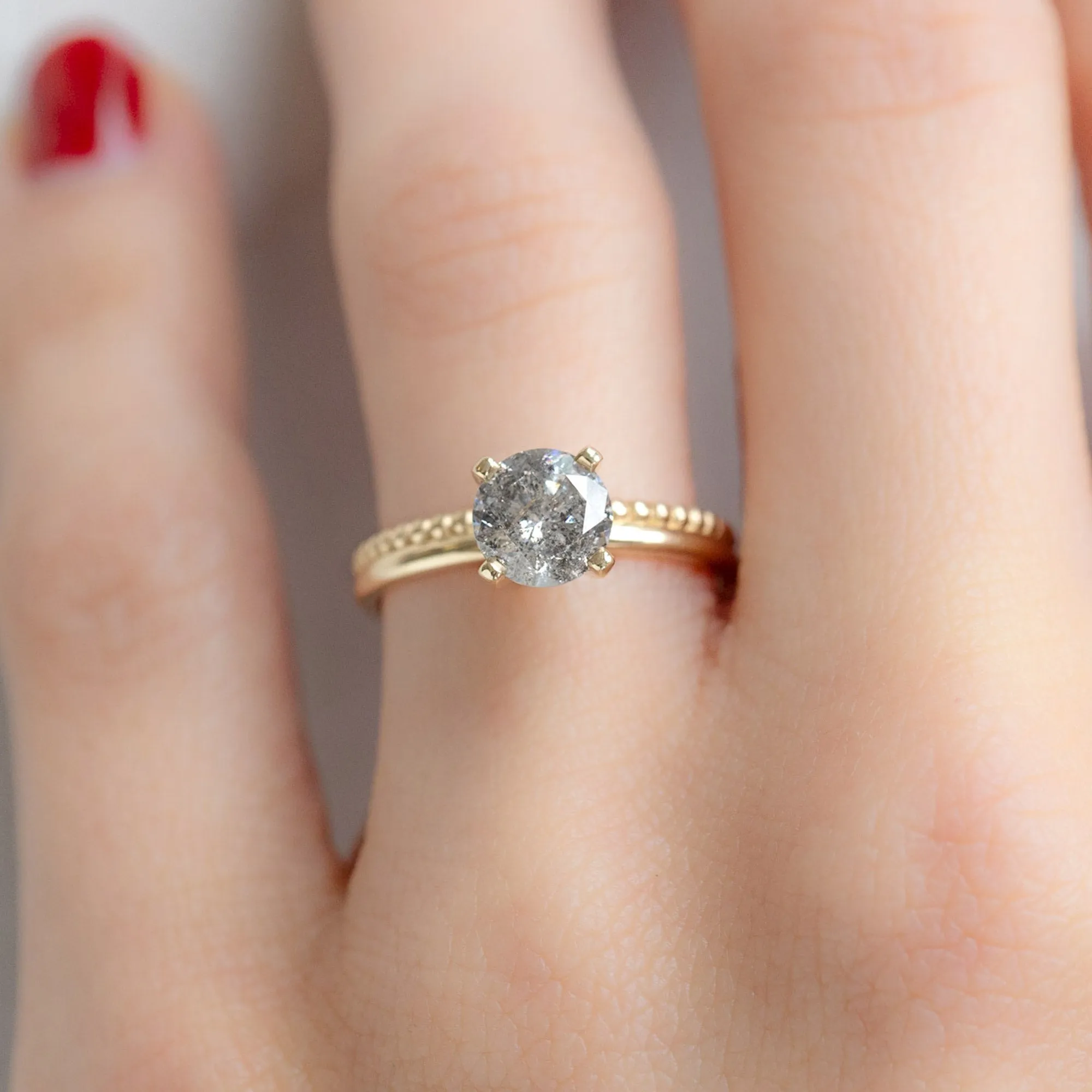 The Duo Beaded Ring | 1.13ct Round Salt and Pepper Diamond in 14K Yellow Gold