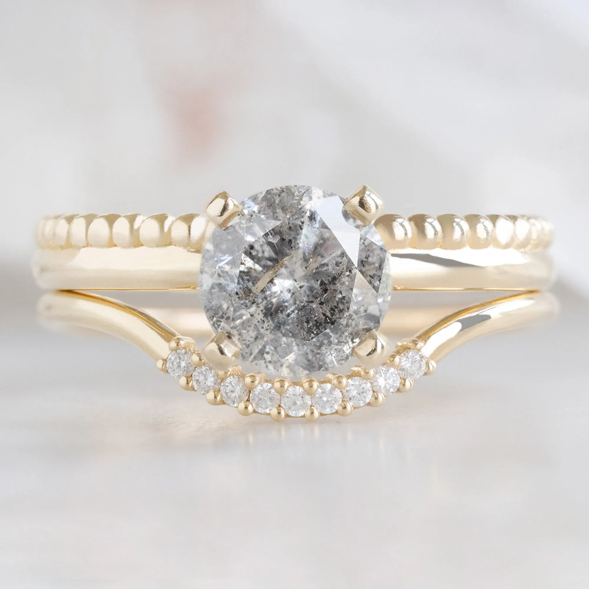 The Duo Beaded Ring | 1.13ct Round Salt and Pepper Diamond in 14K Yellow Gold