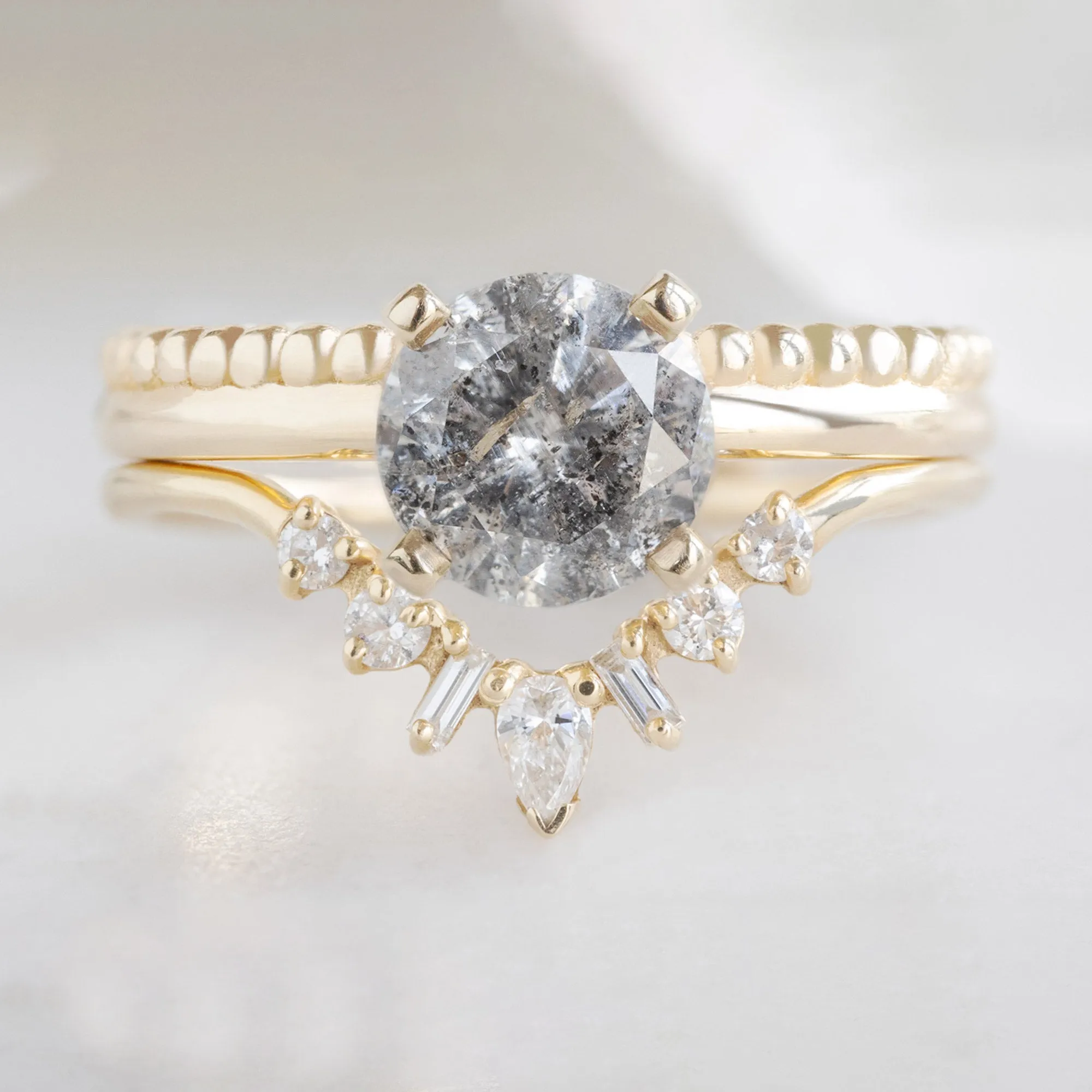The Duo Beaded Ring | 1.13ct Round Salt and Pepper Diamond in 14K Yellow Gold