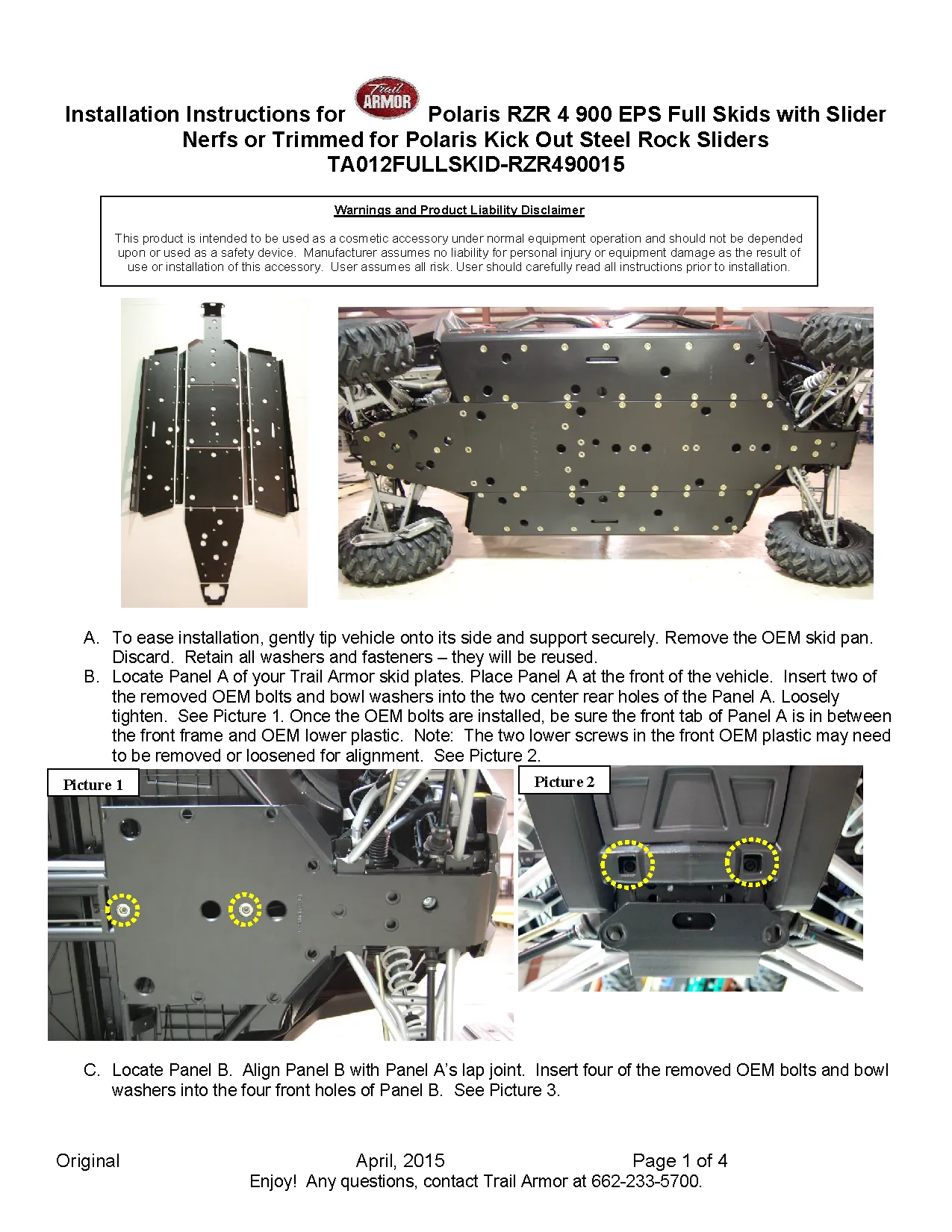 Trail Armor Polaris Polaris 2015 - 2017 RZR 4 900, 2018 RZR S 4 900 and 2019 - 2020 RZR S 4 1000 Full Skids with Slider Nerfs or Trimmed for Polaris Kick Out Steel Rock Sliders