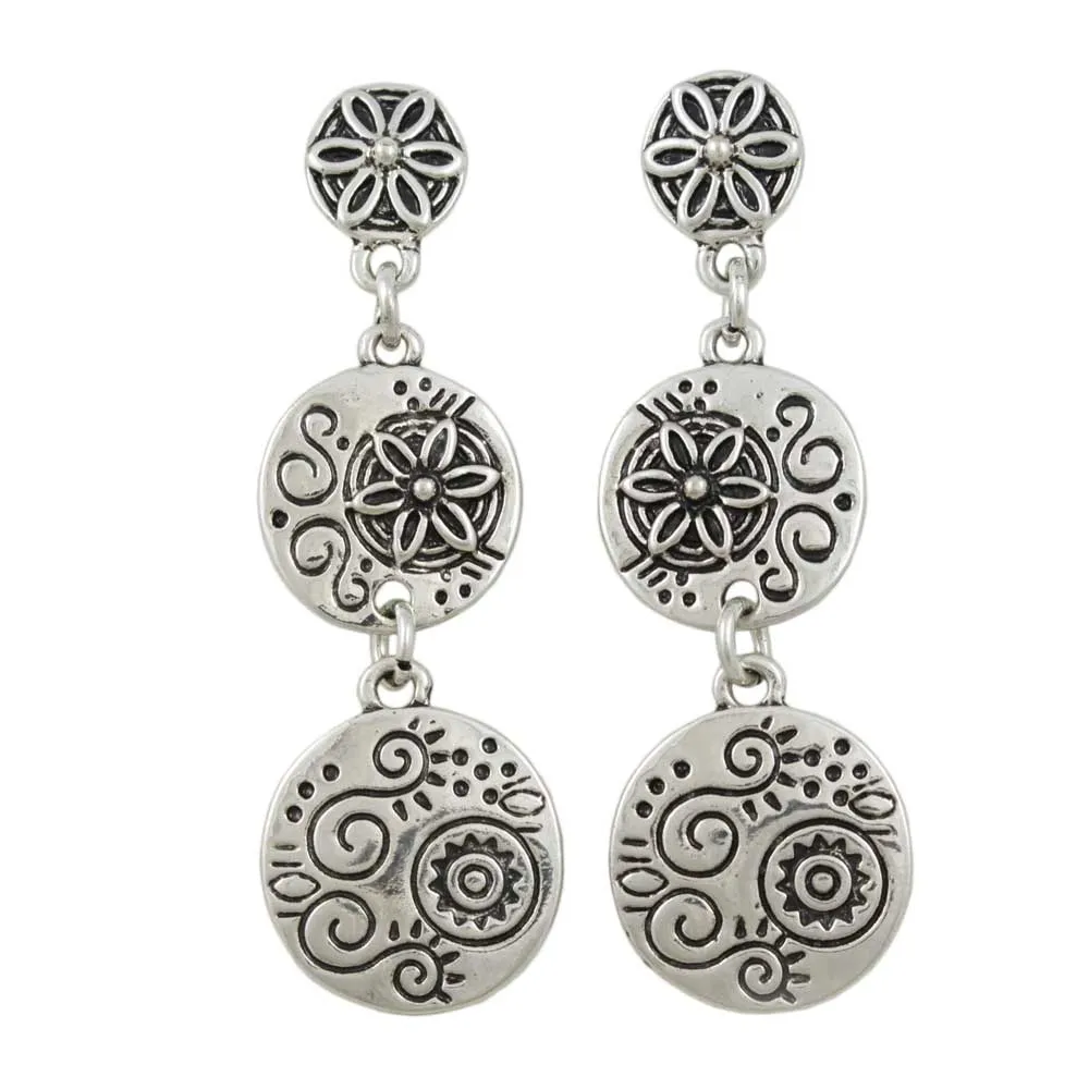 Trio of Dangling Floral Engraved Discs Pierced Earring - MEC153