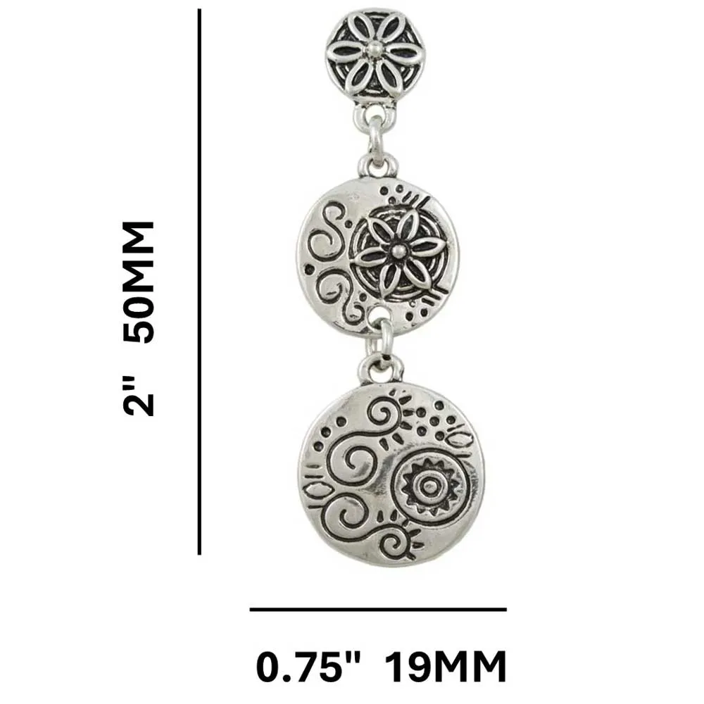 Trio of Dangling Floral Engraved Discs Pierced Earring - MEC153