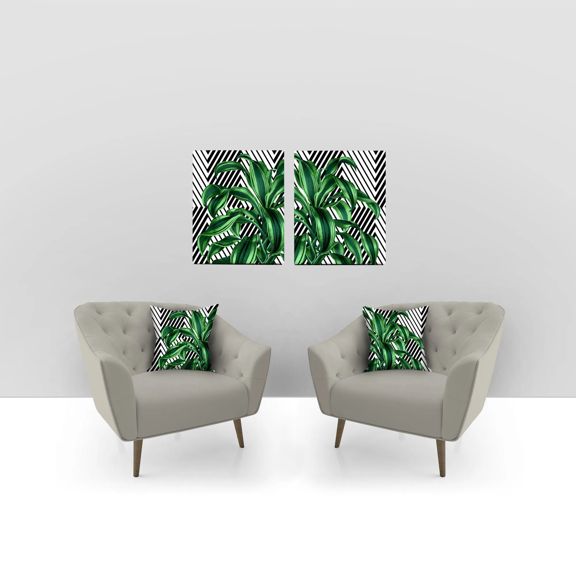 Tropical leaves set of 2 canvas gallery wrapped, geometric, modern wall art, trendy giclee wall decor, wall hanging, Interior design, home