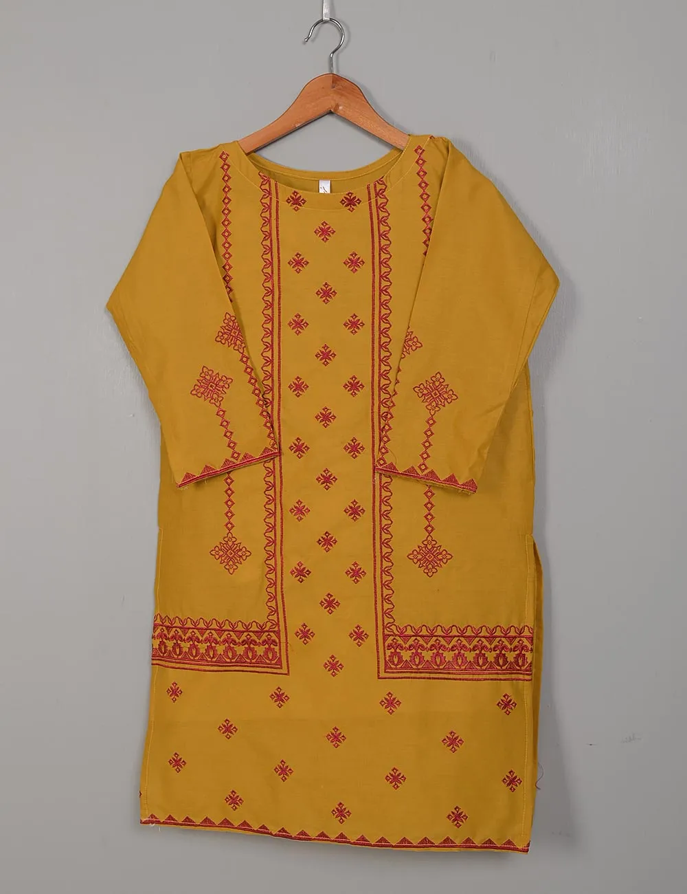 TS-215A-Mustard - Cotton Embroidered Stitched Kurti