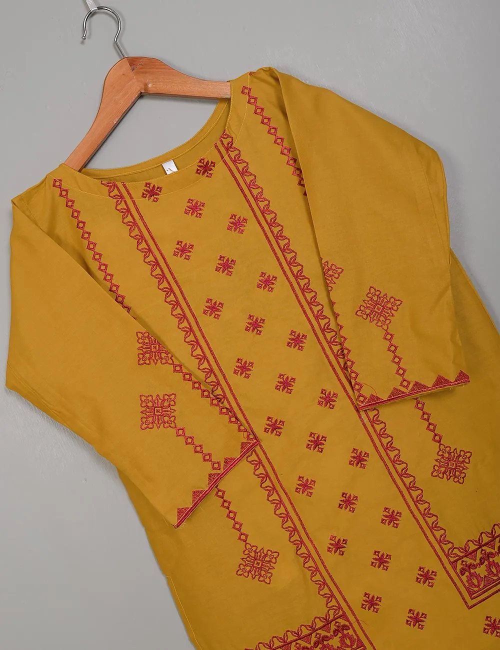 TS-215A-Mustard - Cotton Embroidered Stitched Kurti