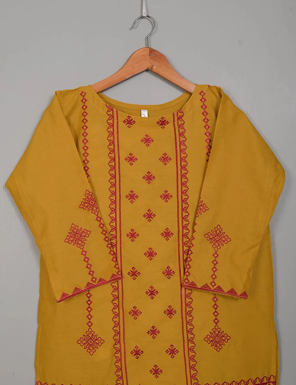TS-215A-Mustard - Cotton Embroidered Stitched Kurti
